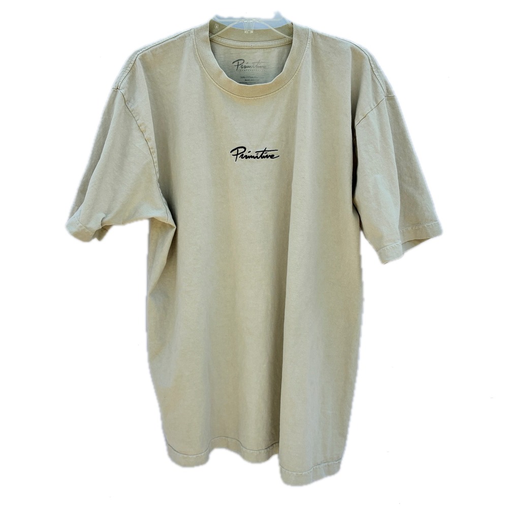 Primitive Skateboarding Mens XL Tan Cotton Script Logo Short Sleeve T-Shirt Good